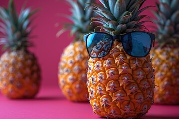 Pineapple is wearing black sunglasses and sunglasses on a pink background. Advertising accessories, summer, vacation.