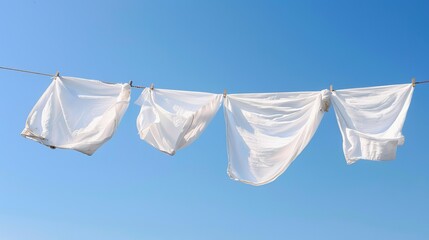 White clothes flutter on a clothesline against a clear blue sky.