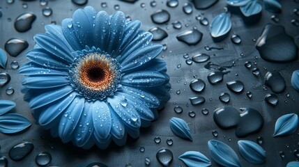   A tight shot of a blue flower, adorned with water droplets, against a backdrop of a blue background, likewise embellished with water droplets