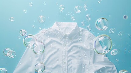 White, freshly washed shirt with soap bubbles, isolated on a blue background