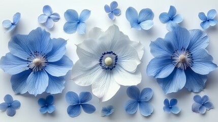   A collection of blue and white blooms arranged together on a pristine white backdrop Their petals, half blue and half white, harmoniously complement one another