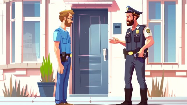 Policeman Interviewing Man Outside Building