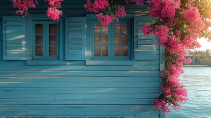   A blue house with blue shutters, pink flowers bordering its side, and a water backdrop - obrazy, fototapety, plakaty