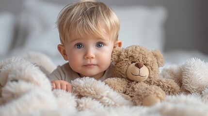   A small boy lies in bed next to a  bear with blue eyes, sporting a sad expression