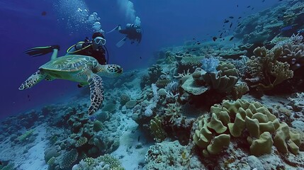 Naklejka na ściany i meble Take a photo underwater! Witness a hawksbill turtle swim over the coral reefs as a female scuba diver captures the moment. Discover the marine life and explore the underwater world.