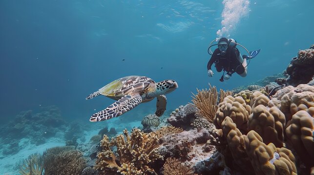 Take a photo underwater! Witness a hawksbill turtle swim over the coral reefs as a female scuba diver captures the moment. Discover the marine life and explore the underwater world.
