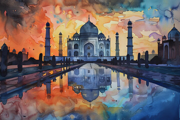 A painting of the Taj Mahal with a blue sky in the background - obrazy, fototapety, plakaty