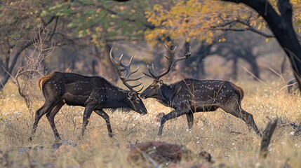 Two male Sambar deer engage in a fierce battle, their large antlers clashing for dominance in Ranthambore National Park, India.