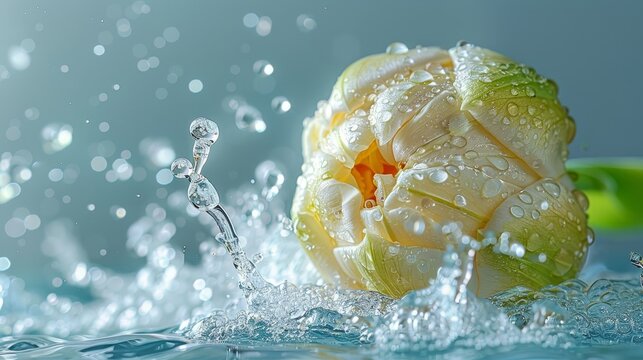   A yellow flower floats in the water, disturbed by a gentle splash Beneath it, a green object rests in the water's depths