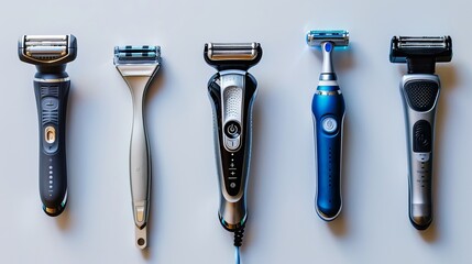Close-up of various models of men's electric razors isolated on a white background