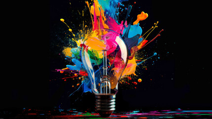 Creative Spark: Exploding Light Bulb with Vibrant Paint
