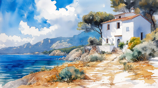 watercolor drawing of a Mediterranean white house on a hill overlooking the sea