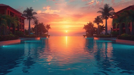 Swimming pool in a private villa overlooking the sea or ocean at sunset. Travel and resort banner - obrazy, fototapety, plakaty