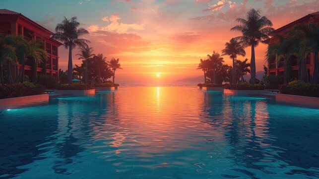 Swimming pool in a private villa overlooking the sea or ocean at sunset. Travel and resort banner
