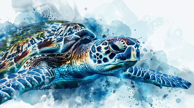 Watercolor painting of a sea turtle with an ocean scene, on a white background with text. The card and poster feature a blue watercolor ocean design with vector elements.