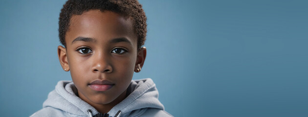 An African American Kinfolk Boy, Isolated On A Ice Blue Background With Copy Space