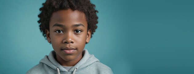 An African American Youngster Boy, Isolated On A Turquoise Background With Copy Space