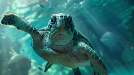Witness the majestic loggerhead sea turtle in its natural habitat. Immerse yourself in the wonders of the ocean with this breathtaking underwater footage. - obrazy, fototapety, plakaty