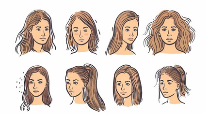 Women face hair concerns such as hair loss, thinning strands, baldness, and damage. These problems are visually represented in hand-drawn vector illustrations.