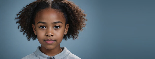 An African American Juvenile Girl, Isolated On A Grey-Blue Background With Copy Space