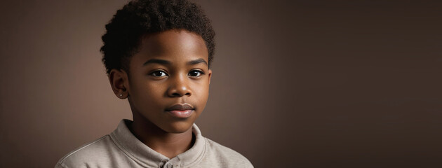 10-12 Years African American Boy, Isolated On A Brown Background With Copy Space