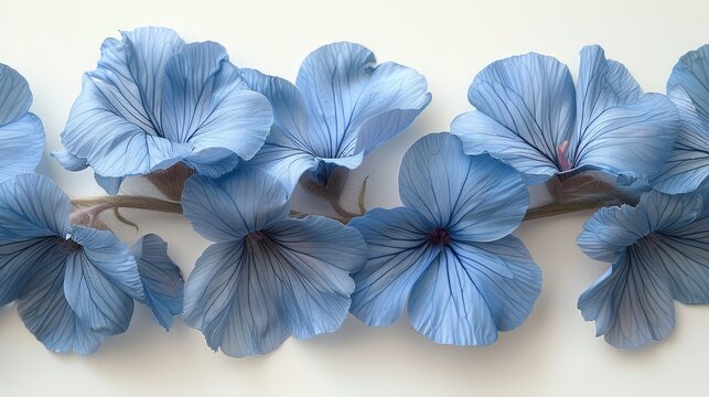   A cluster of blue flowers arranged together on a white background One flower is centered in the image