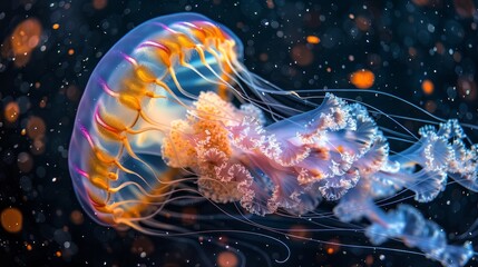   A tight shot of a jellyfish hovering above water, surrounded by bubbles at its base