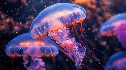  A group of jellyfish float in the water, their backs displaying orange and pink flecks on their leg-like appendages