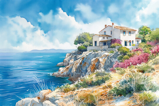 watercolor drawing of a Mediterranean white house on a hill overlooking the sea