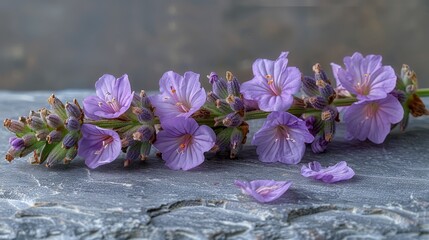   A stone slab bears a cluster of purple flowers, with a nearby plant displaying purple blooms atop green stems