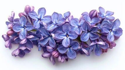   A collection of purple flowers arranged together on a white backdrop One purple flower is positioned centrally in the image