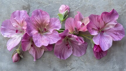   A pink flower cluster atop a stone wall A green leafy plant situated centrally - obrazy, fototapety, plakaty
