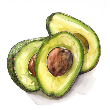 avocado on a white background watercolor illustration