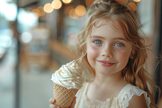 Summertime fun. Happy little girl eat ice cream while walking in the city. Vacation concept,