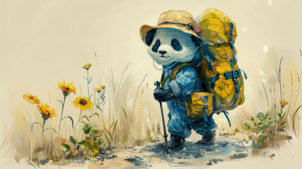  Mochi with Backpack Among Wildflowers - obrazy, fototapety, plakaty