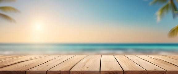  Wooden table top with blurred beach and sea background, summer vacation concept banner template....