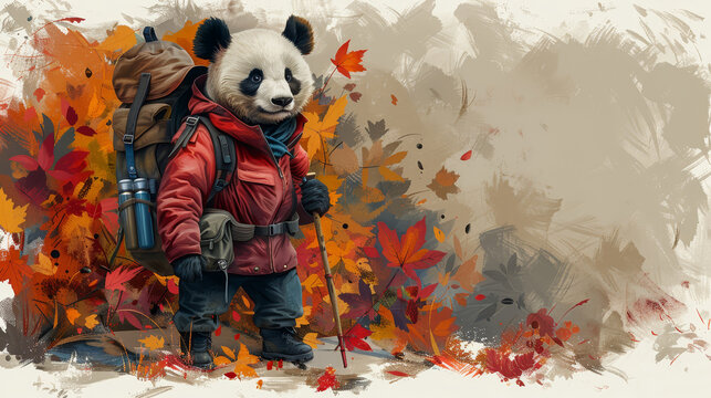   A painting of a panda bearing a backpack, holding ski sticks before autumn foliage
