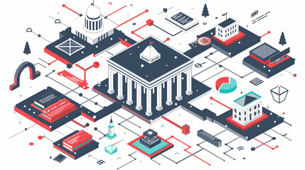 Isometric Government Buildings, Red and Black Geometric Design, Urban Planning Concept