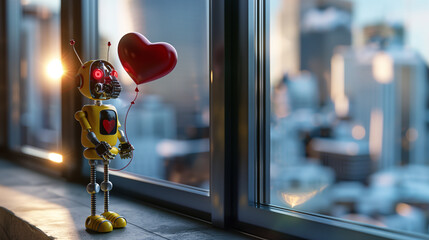 Robot en la ventana sosteniendo un globo rojo con forma de corazón - obrazy, fototapety, plakaty