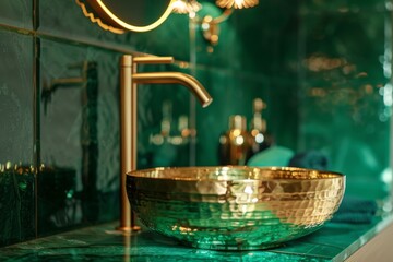 Emerald Bathroom Interior Design - A Sanctuary of Luxury and Relaxation - Bathroom Artistry with Golden Green - Bathroom in Gold and Emerald Green Background created with Generative AI Technology