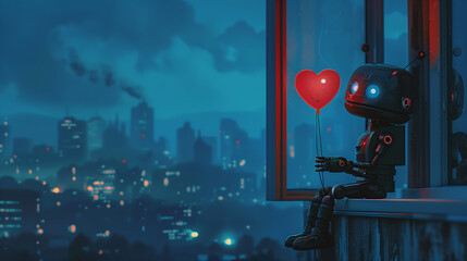 Robot en la ventana sosteniendo un globo rojo con forma de corazón - obrazy, fototapety, plakaty