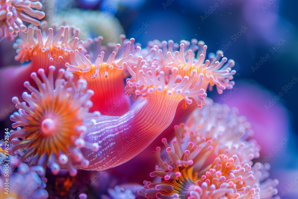 Poster A close up of a pink and orange sea anemone