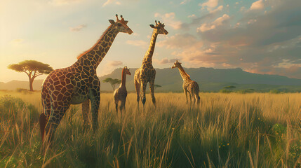 A family of giraffes grazing peacefully in the tranquil African grasslands, their towering forms...