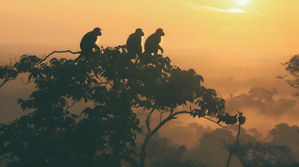 A family of monkeys frolicking on a treetop, their silhouettes outlined against the hazy horizon as the sun sets in the distance