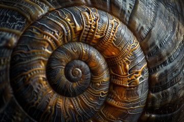 The shell of a snail is shown in a close up, with a spiral pattern