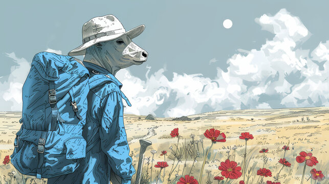   A person in a hat and backpack is depicted among poppy fields under a full moon