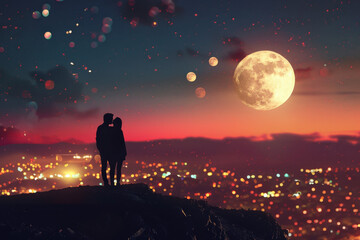 A couple is standing on a hill overlooking a city at night - Powered by Adobe