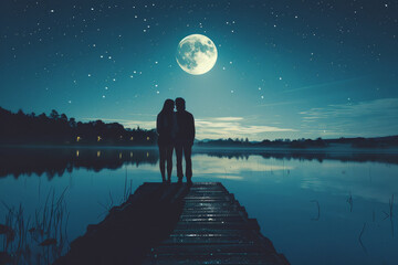 A couple standing on a dock by a lake at night - Powered by Adobe