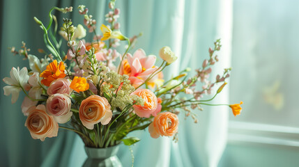 A beautiful spring bouquet of flowers in bed shades stands in a vase near the window. Freshly cut flowers for home decoration. Delivery of freshly cut flowers. Ready-made flower arrangement - Powered by Adobe