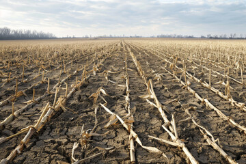 A field of corn is dry and brown